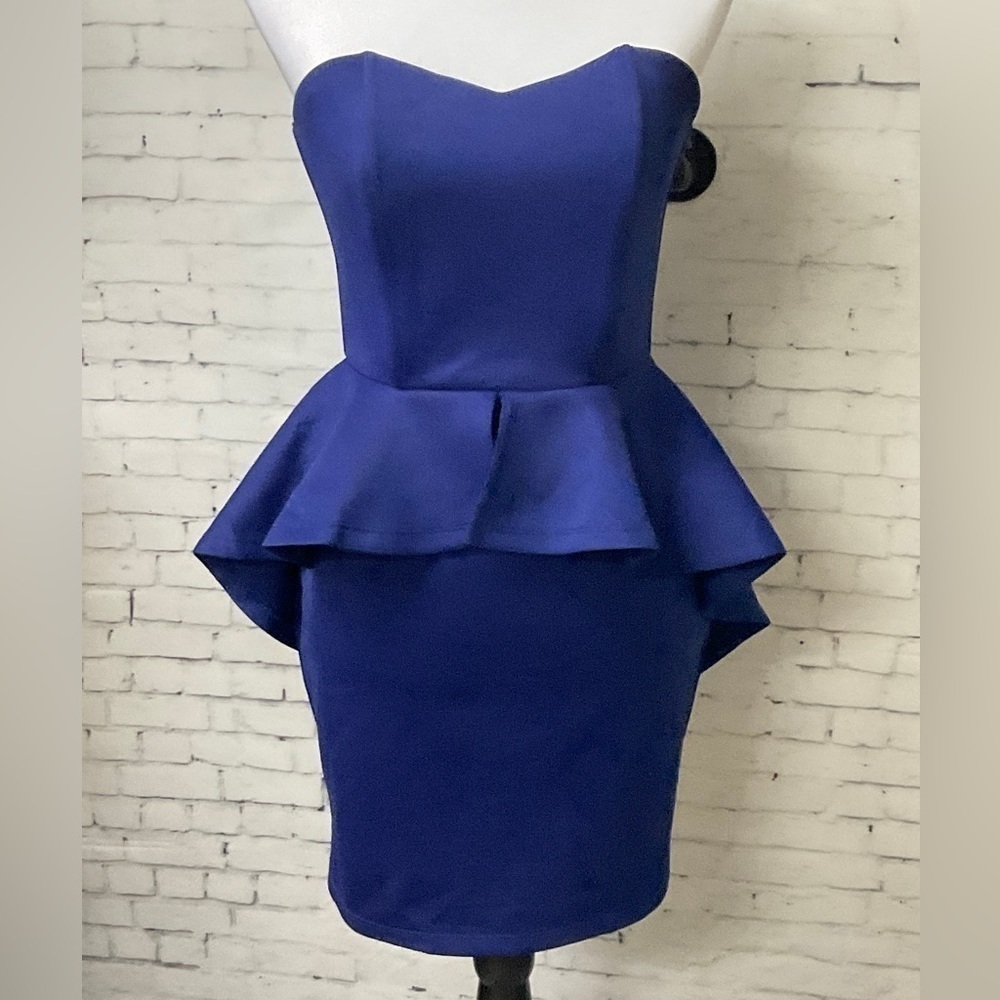Agaci Women Royal Blue Dress Bodycon Mini Strapless Ruffle Stretch Sz M EUC E1‎